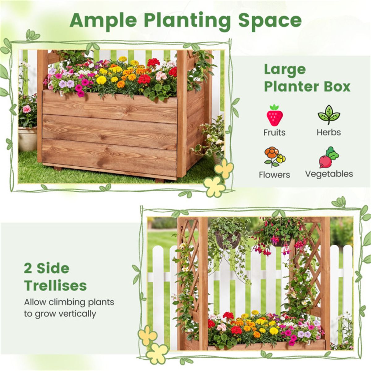 Pine Wood Planter with Trellis and Top Bar – product view 7 of 12