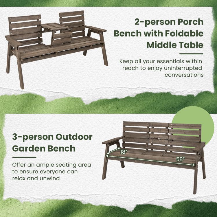 Fir Wood Outdoor Bench with Folding Table – product view 9 of 21