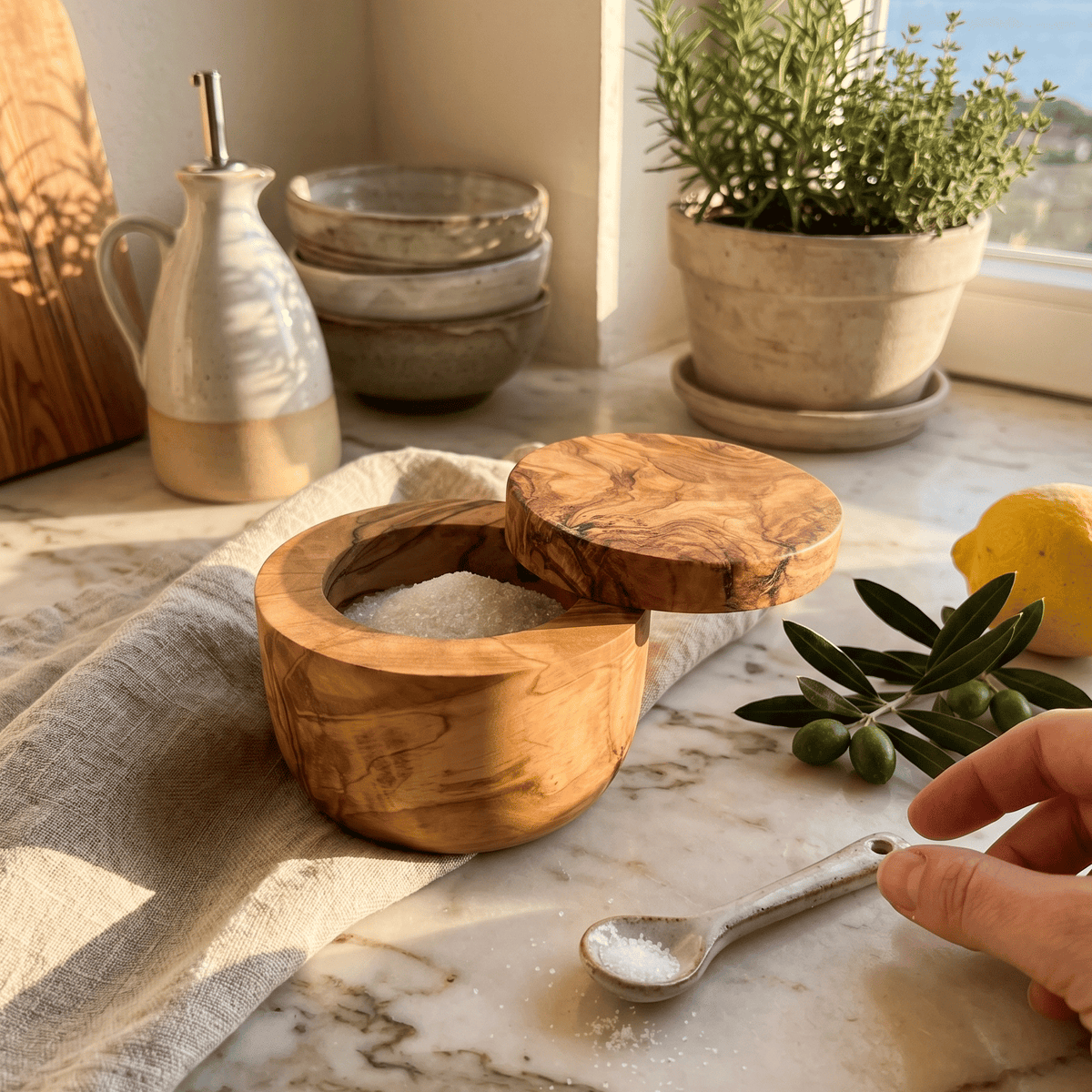 Olive Wood Salt Cellar with Swivel Lid – product view 6 of 7