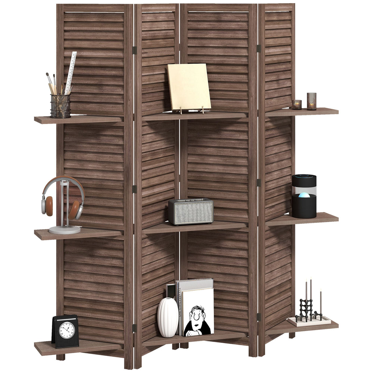 67-Inch 4-Panel Walnut Room Divider with Shelves