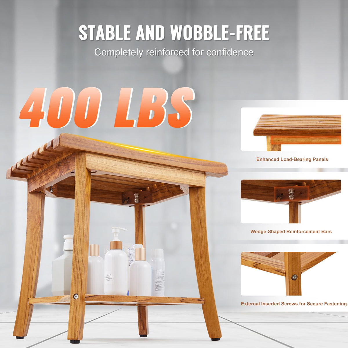 20-Inch Teak Shower Bench with Shelf – product view 3 of 12