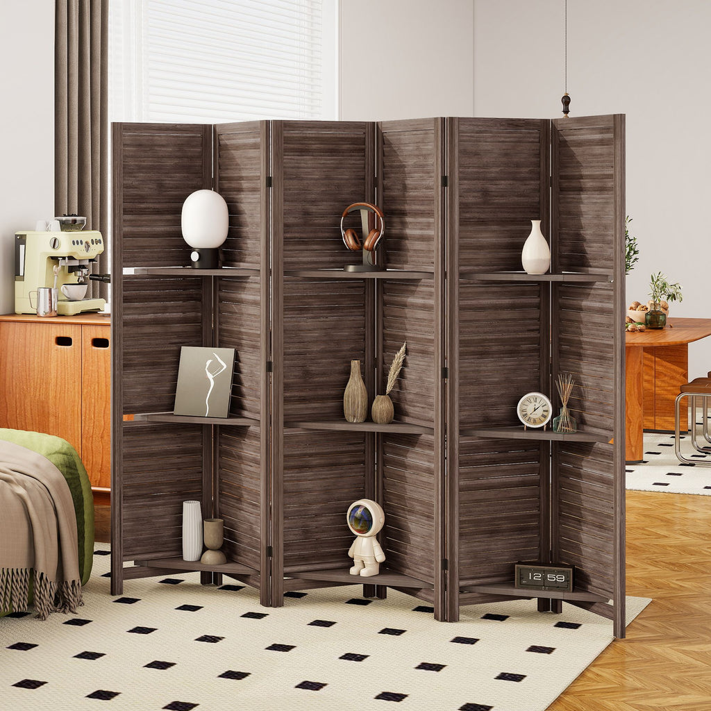 67-Inch 6-Panel Walnut Room Divider with Shelves – alternate product view 10