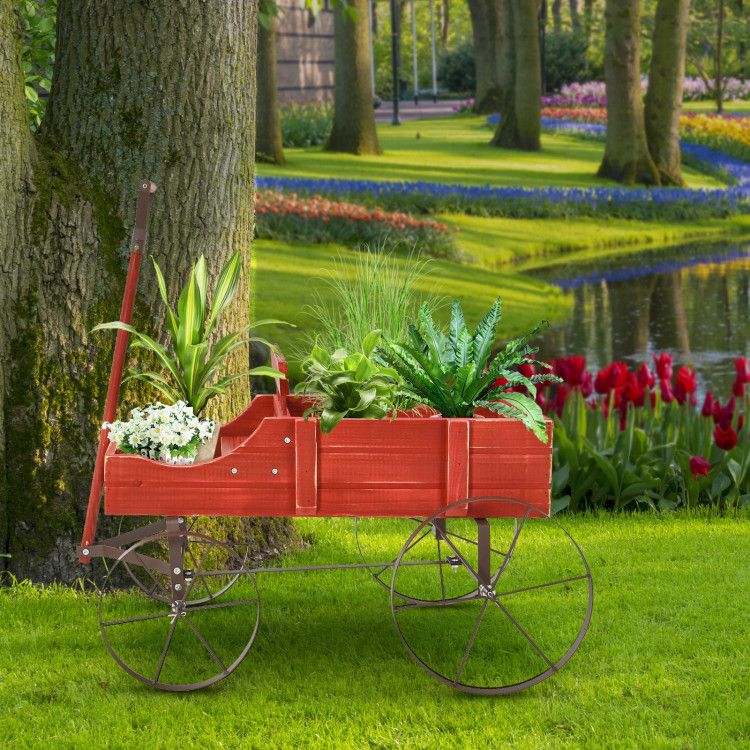 Wooden Wagon Plant Bed with Metal Wheels for Garden Yard Patio – product view 7 of 50