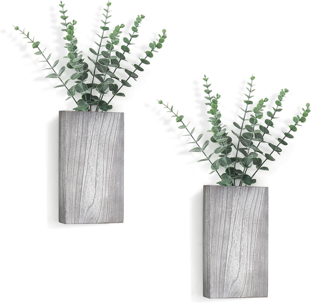 Set of 2 Gray Pine Wall Vases with Faux Eucalyptus – main product view
