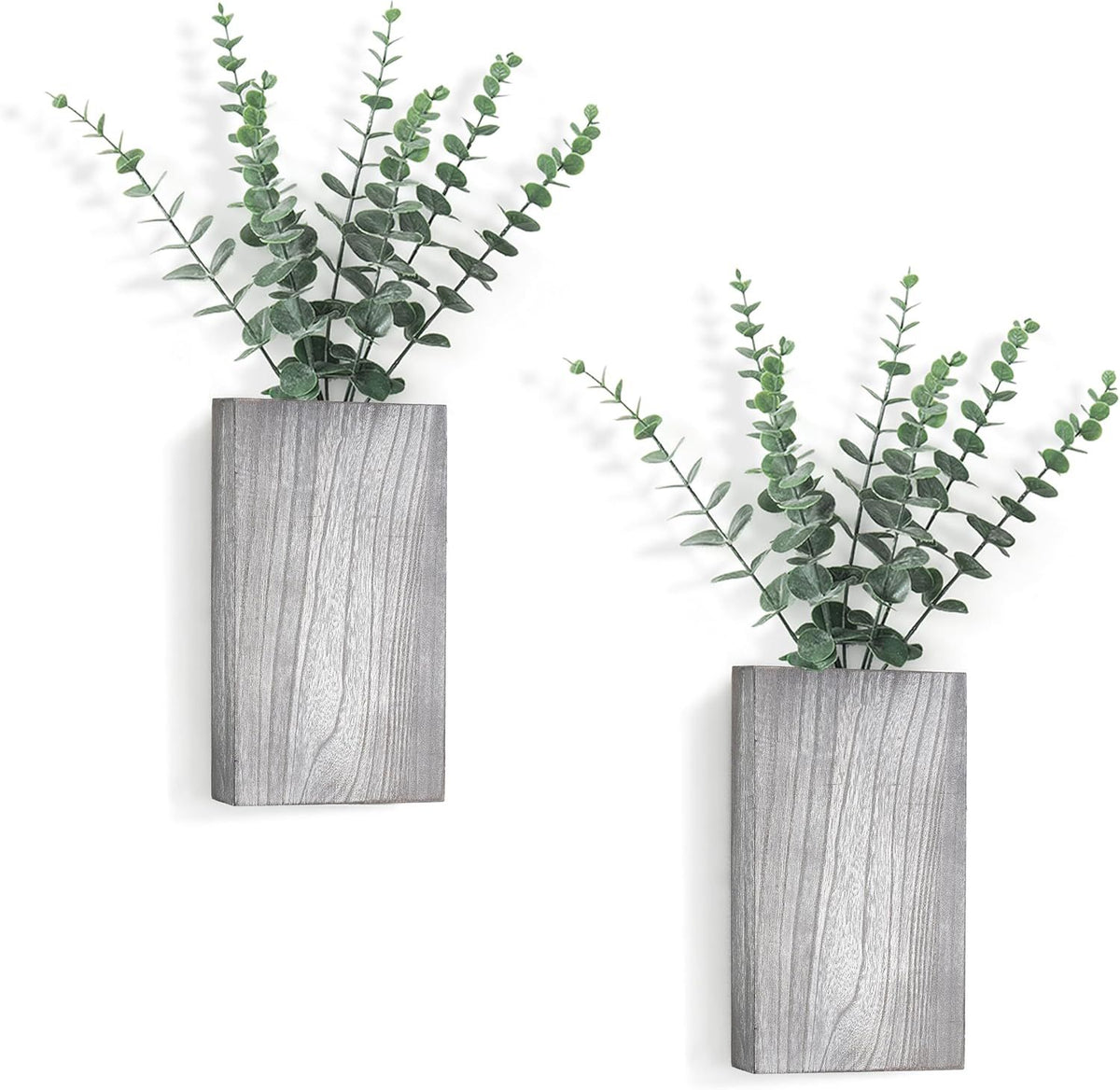 Set of 2 Gray Pine Wall Vases with Faux Eucalyptus – main product view