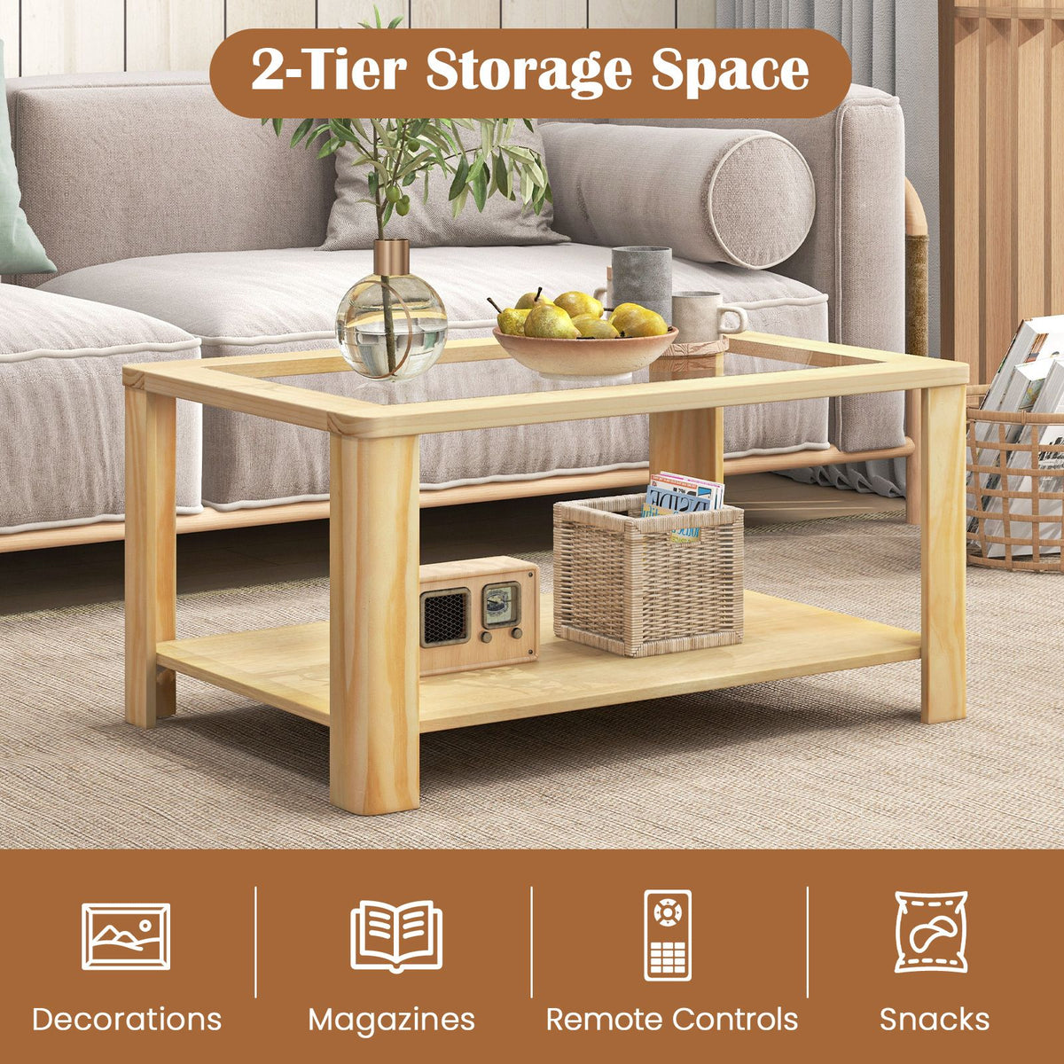 2-Tier Glass-Top Coffee Table with Storage Shelf – product view 8 of 10