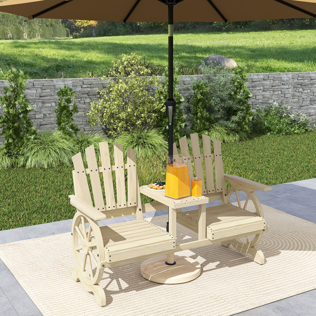 2-Seat Wood Garden Bench with Center Table – product view 10 of 11