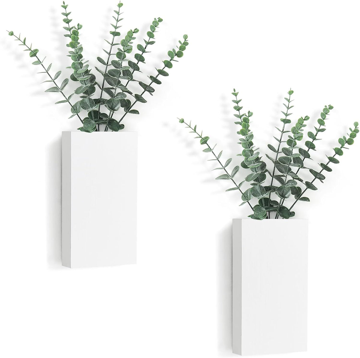 Set of 2 White Pine Wall Vases with Faux Eucalyptus – main product view