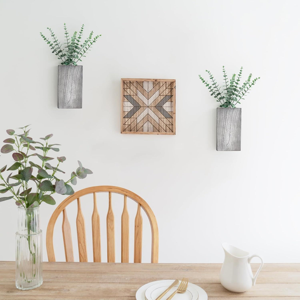 Set of 2 Gray Pine Wall Vases with Faux Eucalyptus – product view 5 of 5