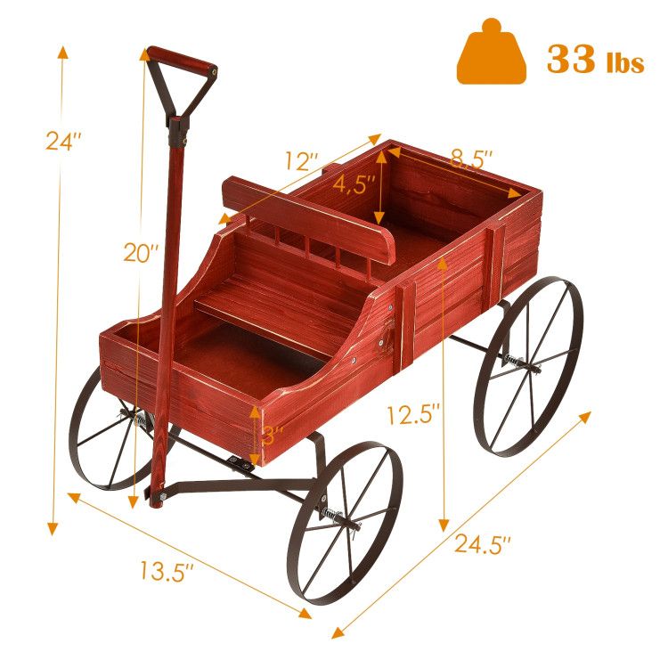 Wooden Wagon Plant Bed with Metal Wheels for Garden Yard Patio – product view 9 of 50