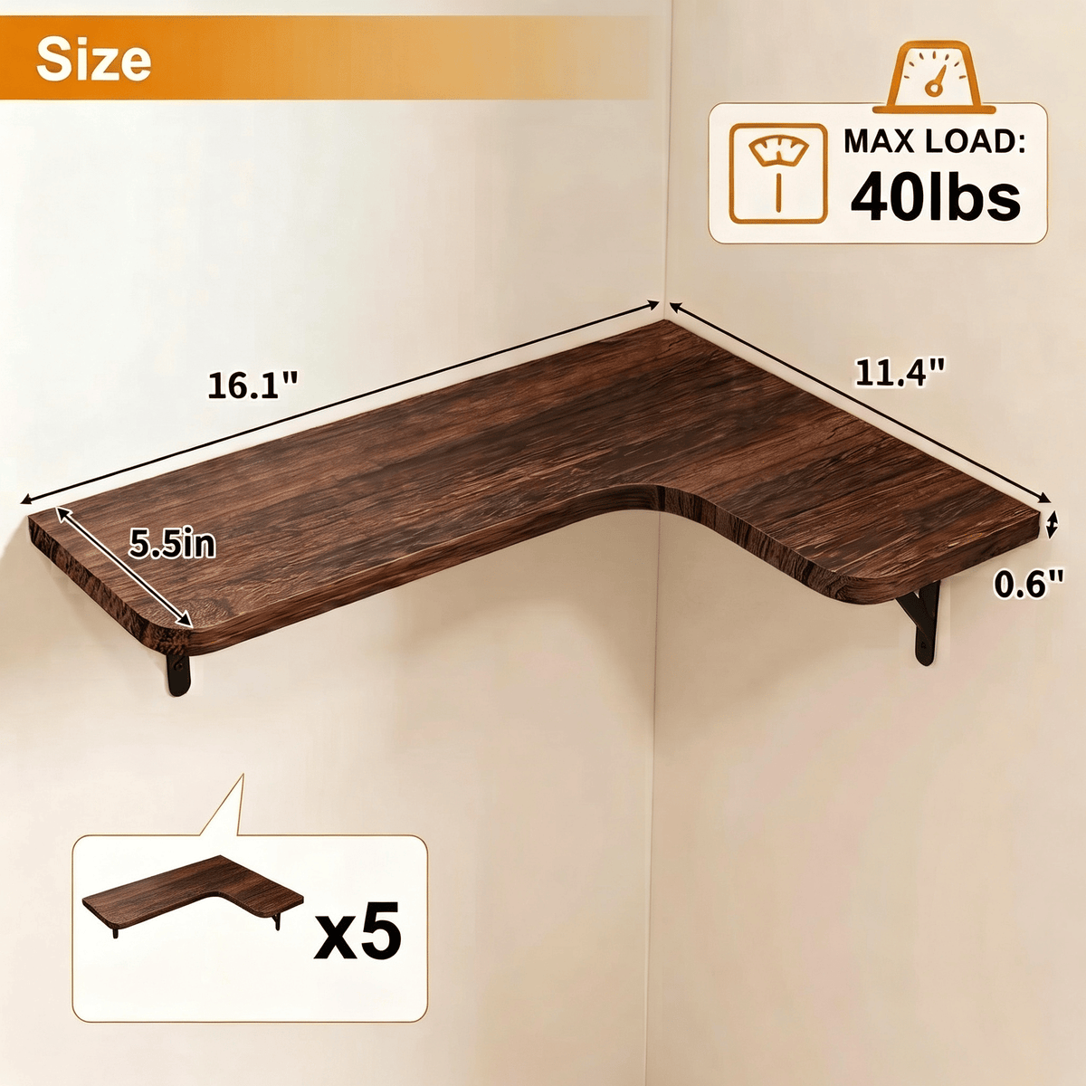 Set of 5 Espresso L-Shaped Corner Shelves – product view 2 of 6