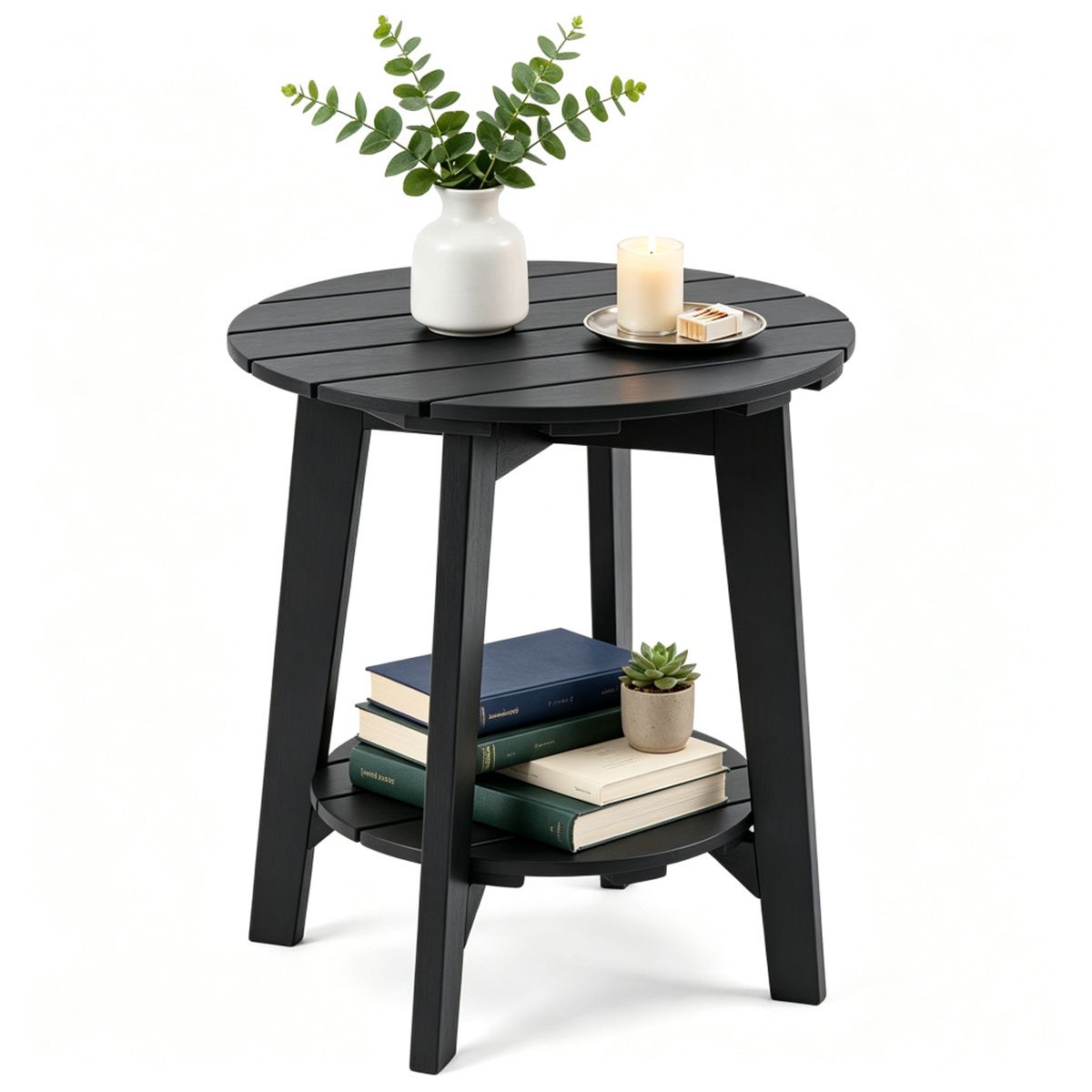 2-Tier Black Eucalyptus Patio Side Table – main product view