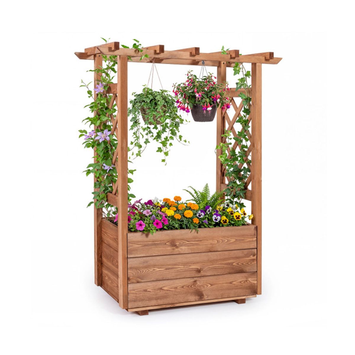 Pine Wood Planter with Trellis and Top Bar – main product view