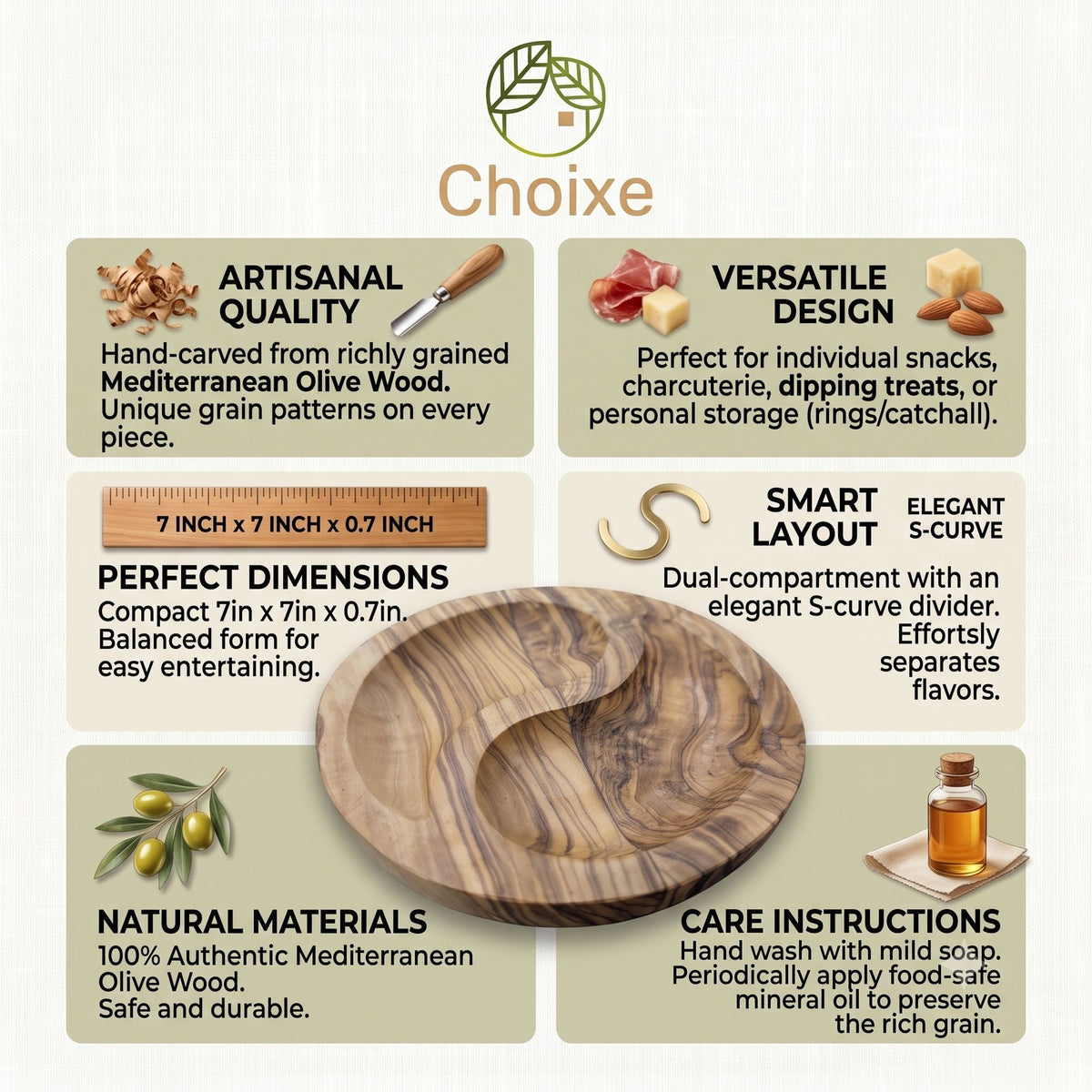 7-Inch Olive Wood Divided Snack Dish – product view 5 of 7