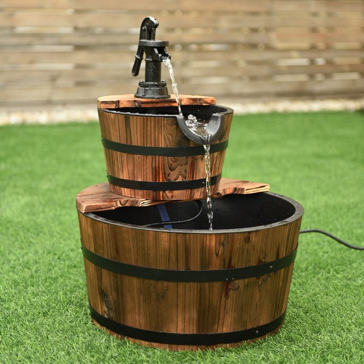 2-Tier Wooden Barrel Waterfall Fountain – product view 2 of 10