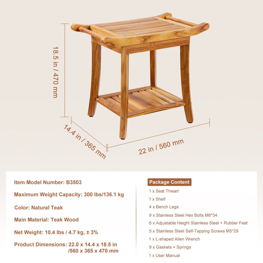 22-Inch Teak Shower Bench with Shelf – product view 7 of 12
