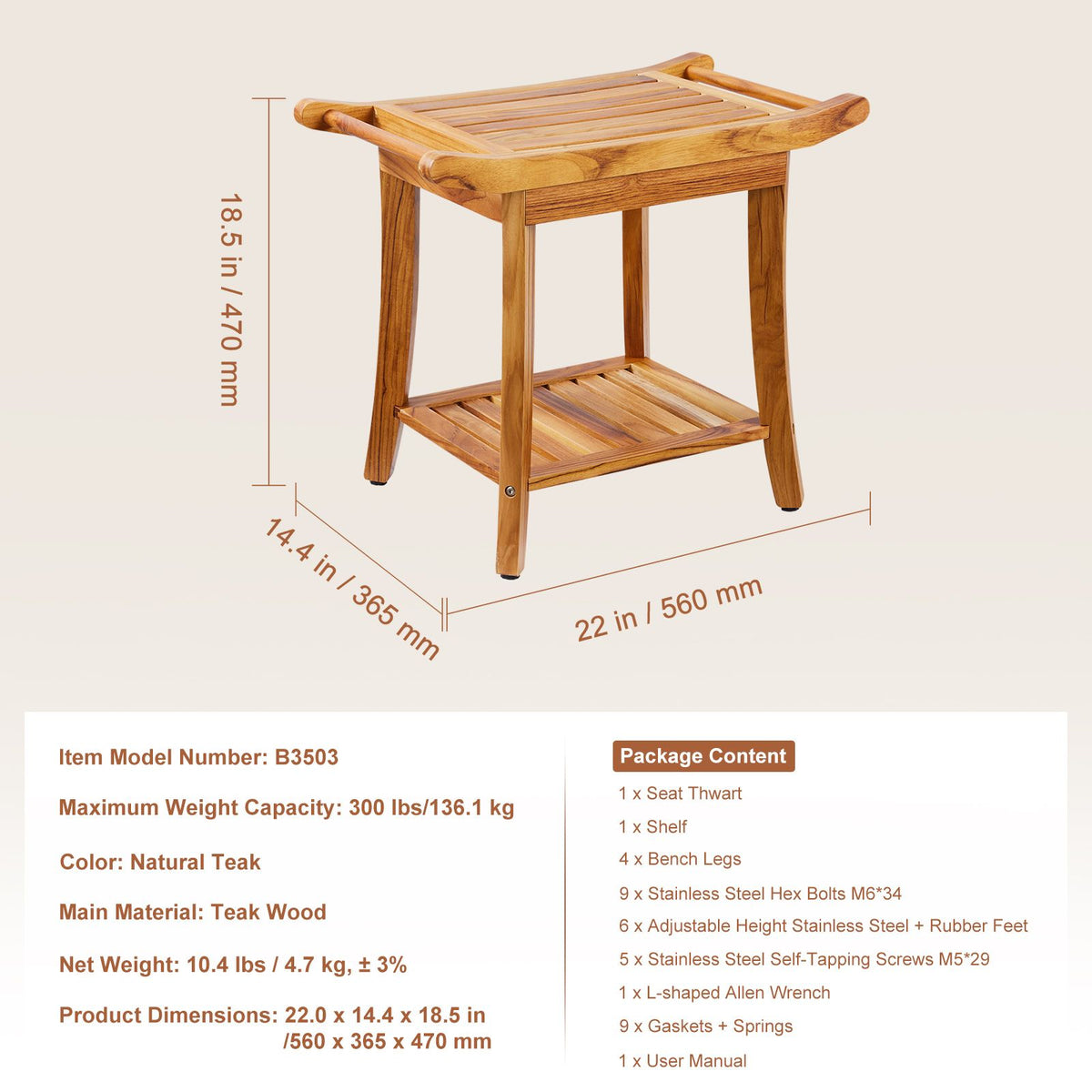 22-Inch Teak Shower Bench with Shelf – product view 7 of 12
