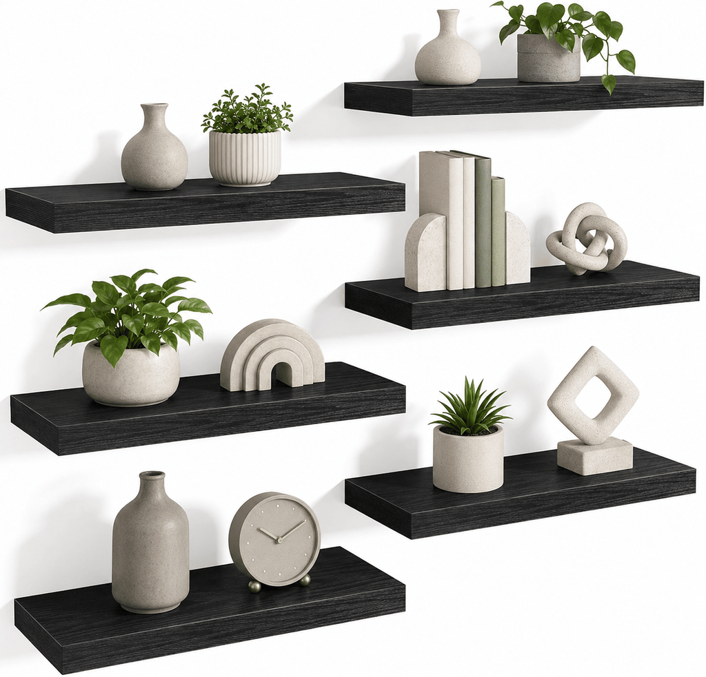Set of 6 Black Floating Wall Shelves – main product view