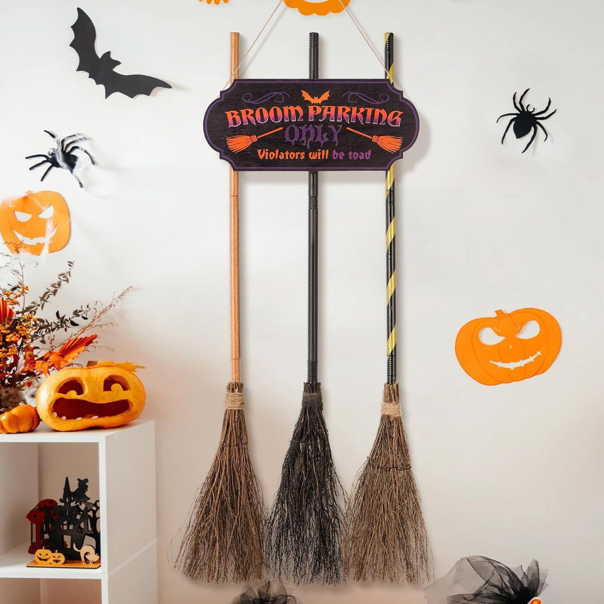 Halloween Broom Parking Sign with 3 Brooms – main product view