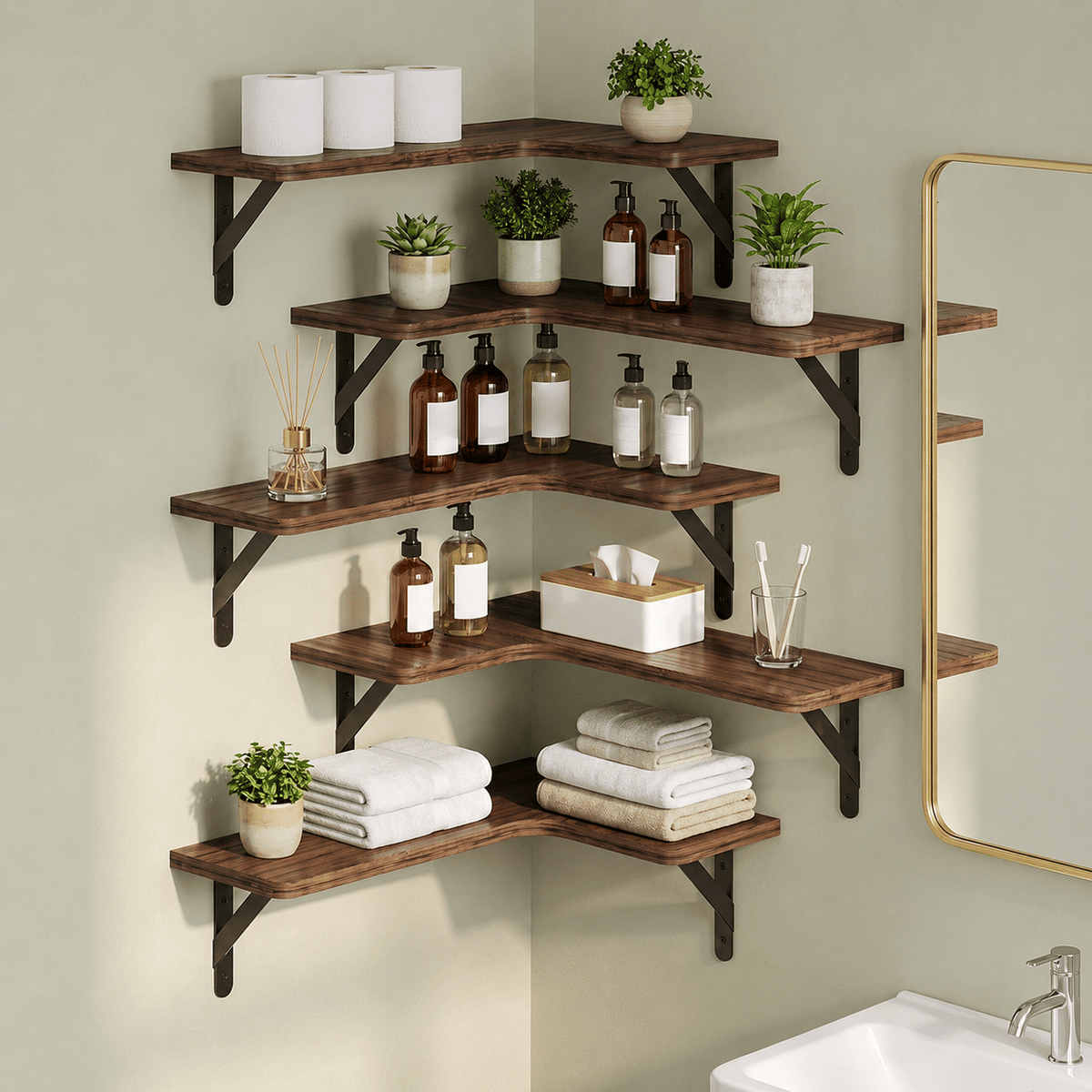 Set of 5 Espresso Corner Wall Shelves – product view 6 of 7
