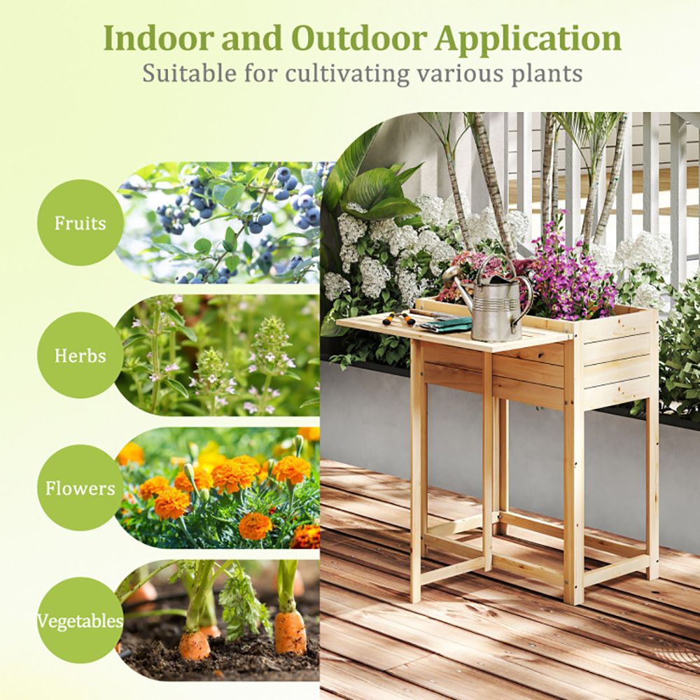 Elevated Fir Wood Planter with Folding Side Table – product view 6 of 10