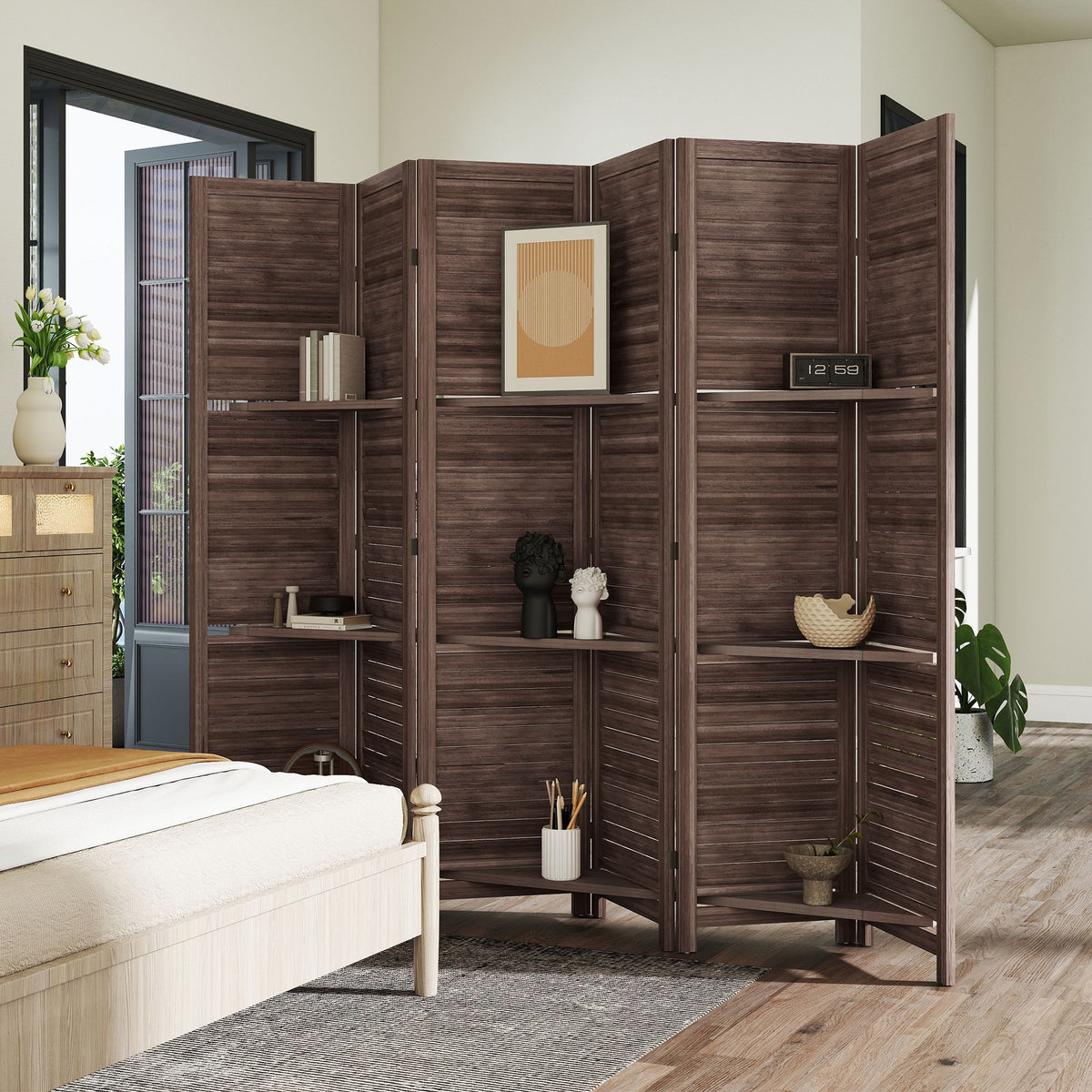 67-Inch 6-Panel Walnut Room Divider with Shelves – alternate product view 8