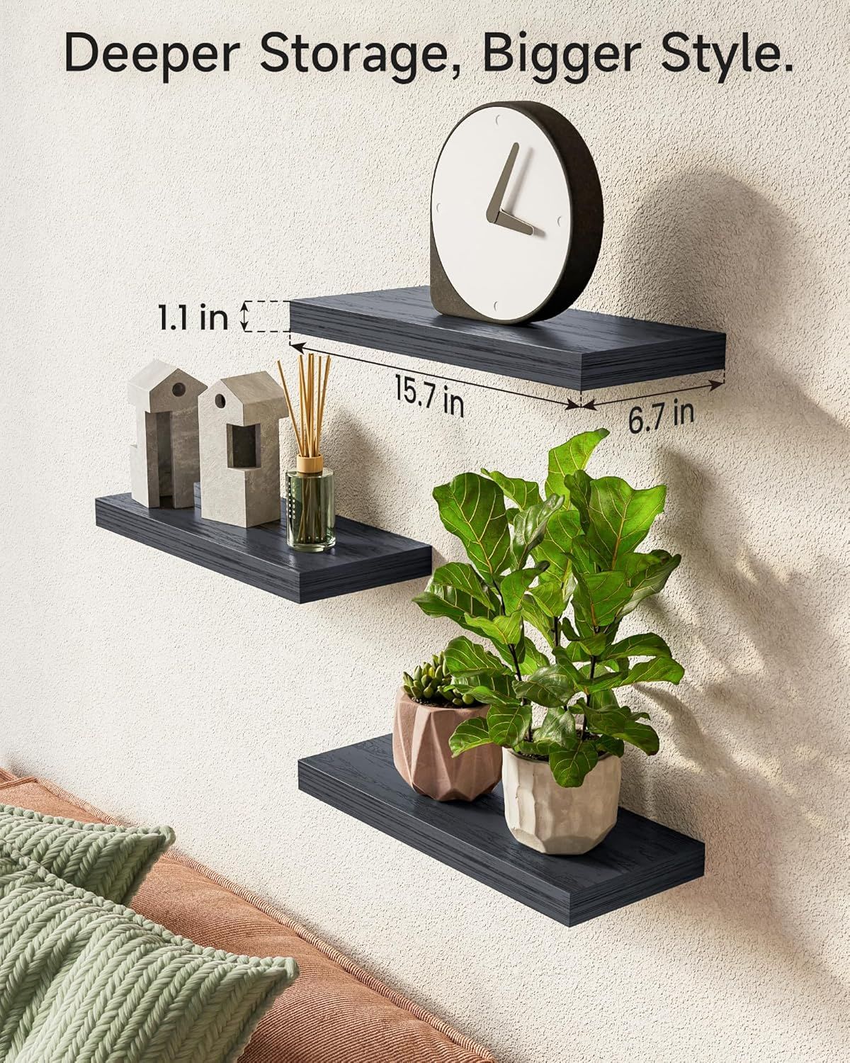 Set of 3 Black Rustic Wood Wall Shelves – product view 3 of 6