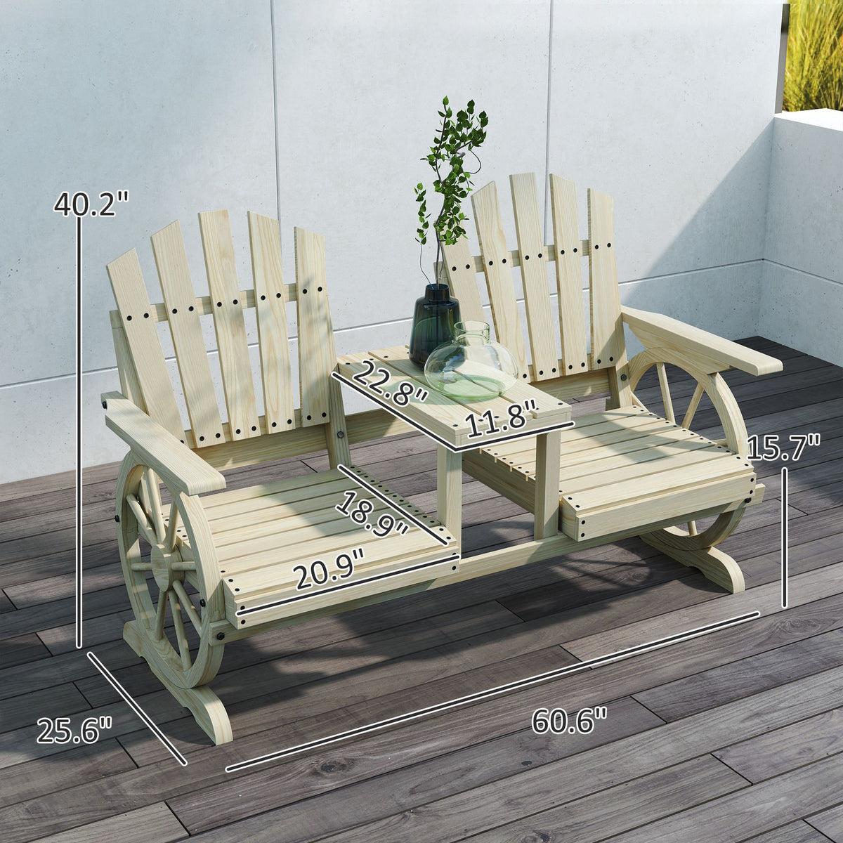 2-Seat Wood Garden Bench with Center Table – product view 3 of 11