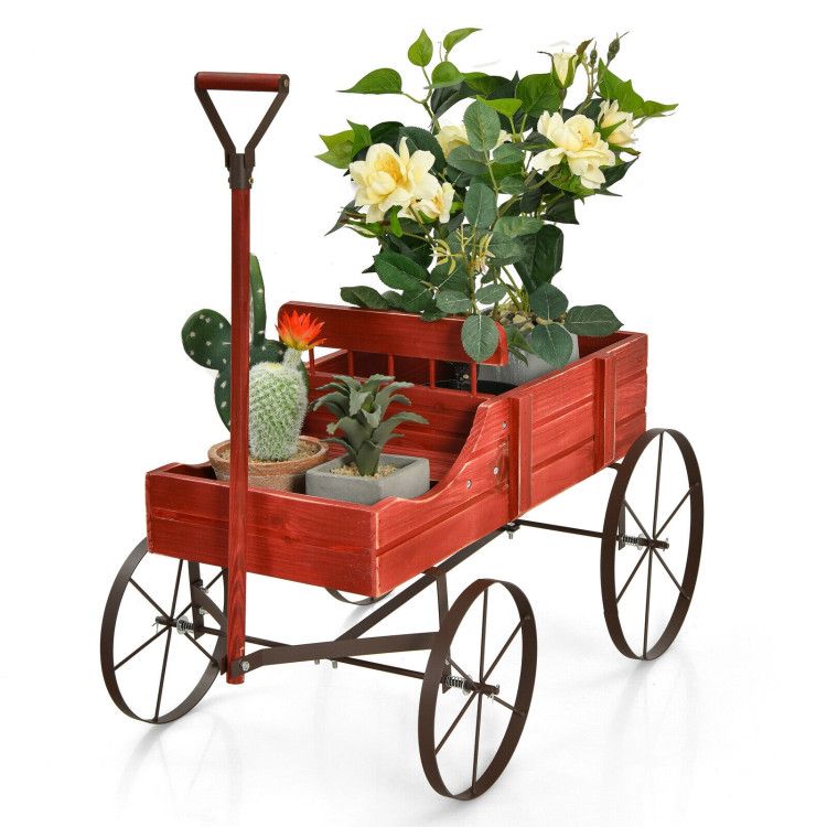 Wooden Wagon Plant Bed with Metal Wheels for Garden Yard Patio – product view 4 of 12