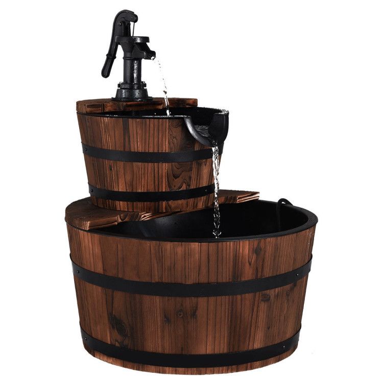 2-Tier Wooden Barrel Waterfall Fountain – main product view