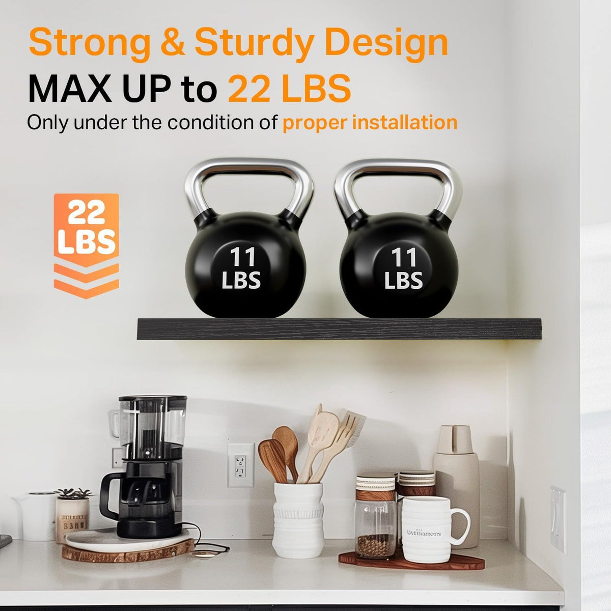 Set of 3 Black Rustic Wood Wall Shelves – product view 4 of 6