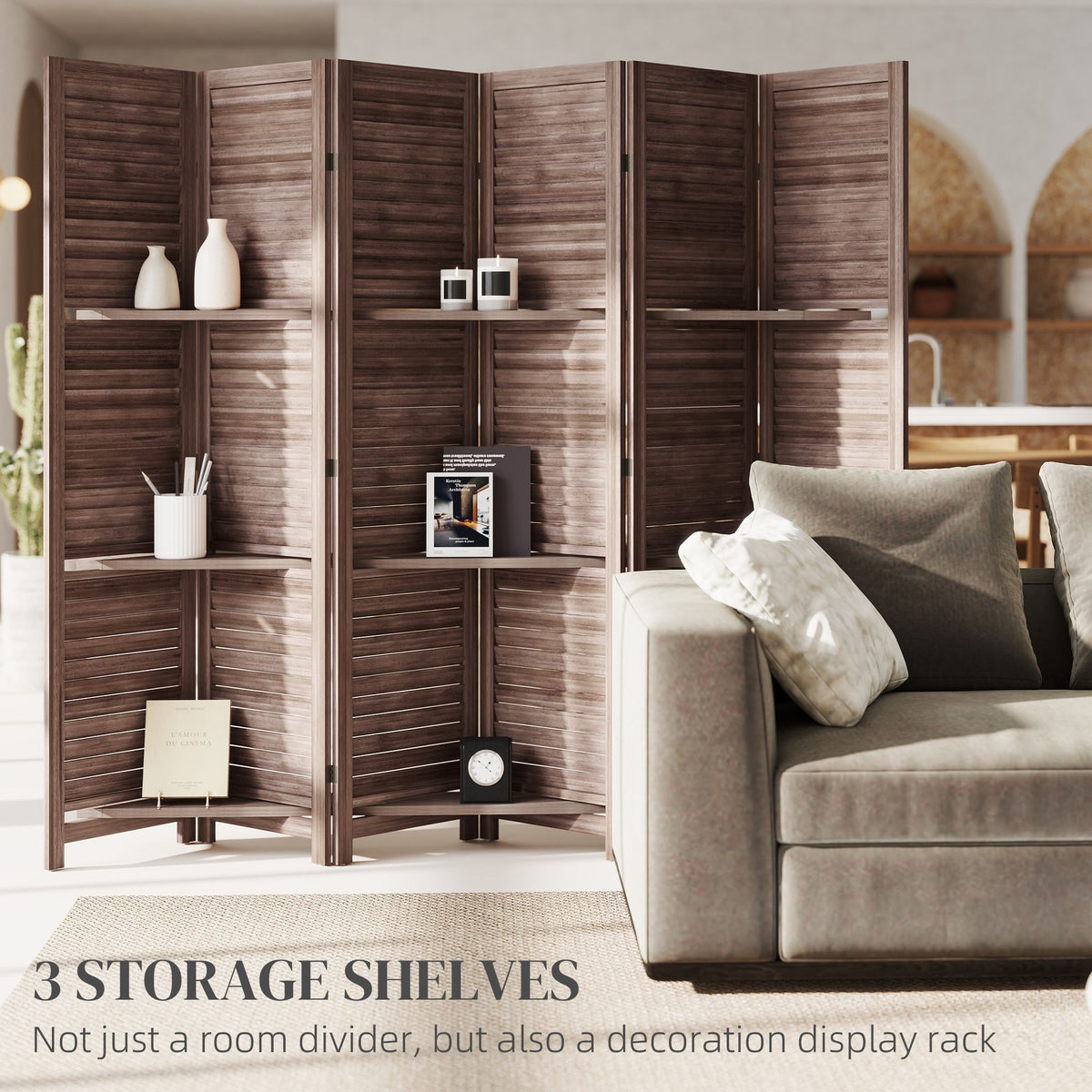 67-Inch 6-Panel Walnut Room Divider with Shelves – alternate product view 4