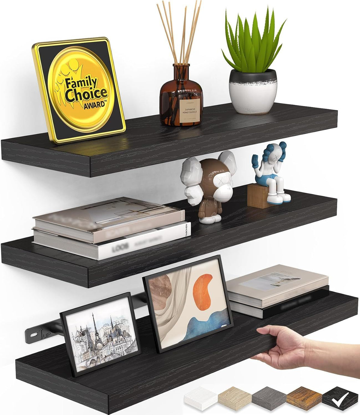 Set of 3 Black Rustic Wood Wall Shelves – main product view