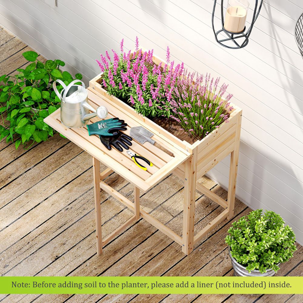 Elevated Fir Wood Planter with Folding Side Table – product view 3 of 10