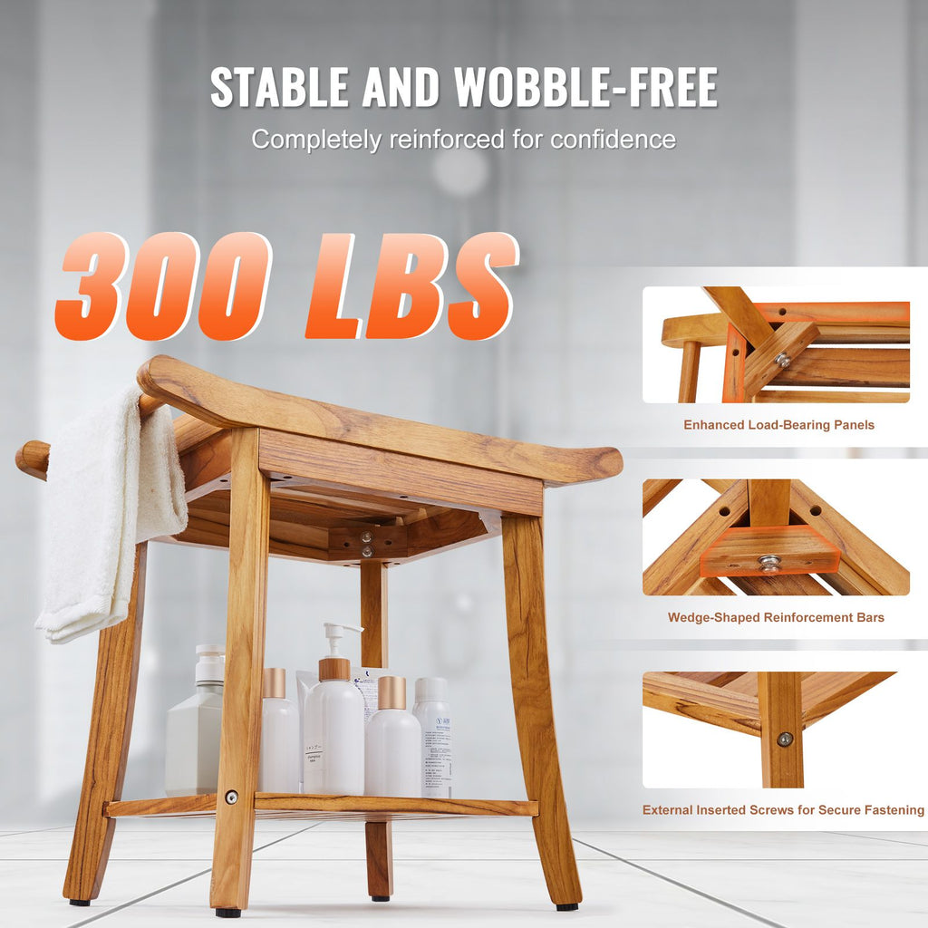 22-Inch Teak Shower Bench with Shelf – product view 3 of 12