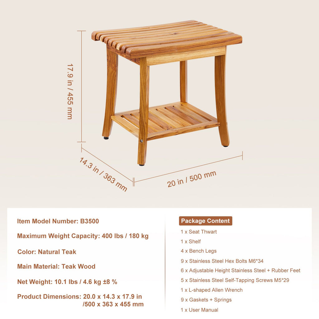 20-Inch Teak Shower Bench with Shelf – product view 7 of 12